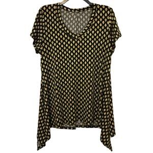 Handkerchief Hem Blouse Black Yellow Vneck Large